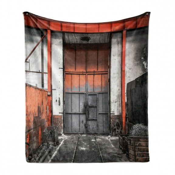 Industrial Soft Flannel Fleece Blanket, Worn out Look Gate Entrance in the Grungy Structure Rustic Architecture, Cozy Plush for Indoor and Outdoor Use, 50" x 60", Orange Grey White, by Ambesonne