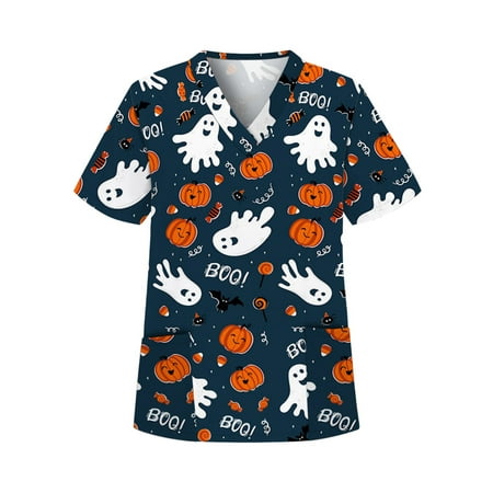 

V Neck Summer Tshirts for Womens Pumpkin Print Casual Scrub Tops Short Sleeve Loose Shirts