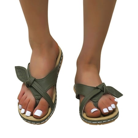 ZHAGHMIN Fashion Solid Color Leather Sandals for Women Leaf Decor Thick Bottom Soft Sole Thong Sandals Outdoor Beach Flip Flops Slippers Green Size7