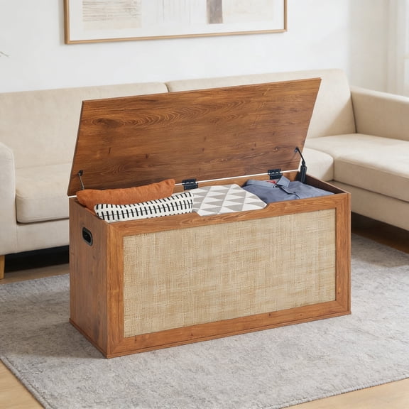 LELELINKY 40" Storage Chest with 2 Safety Hinges, Toy Box & Storage Bench for Bedroom, Entryway, Brown