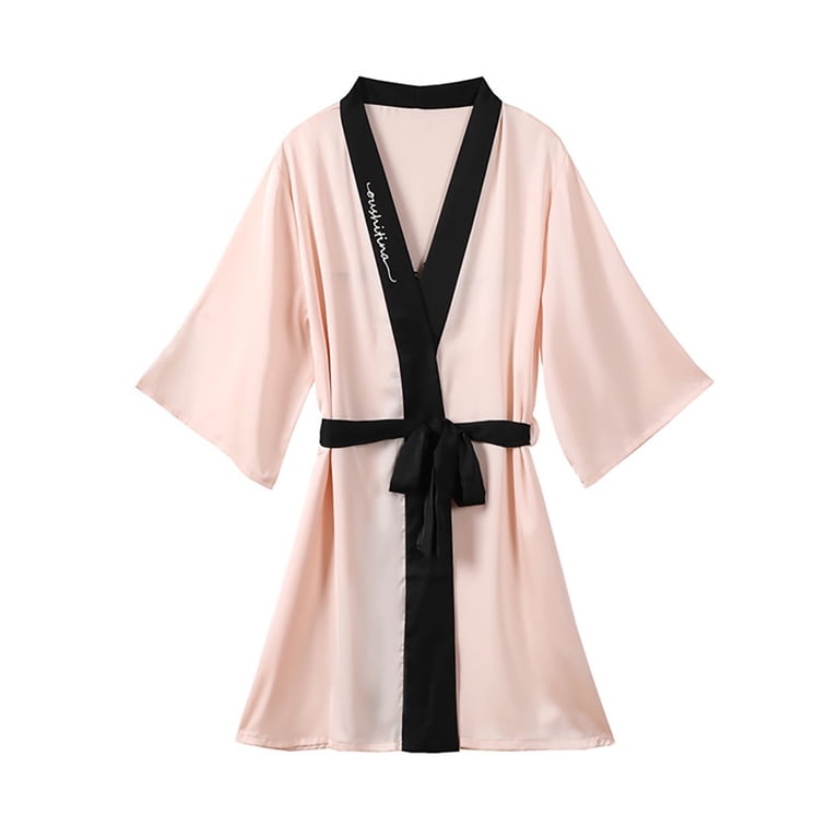 Npasoilc Satin Robes for Women 3/4 Sleeve Waist Bandage Lace-Up Short Length Bathrobe Lightweight Soft Pajama Robe Sleepwear Casual Ladies Loungewear