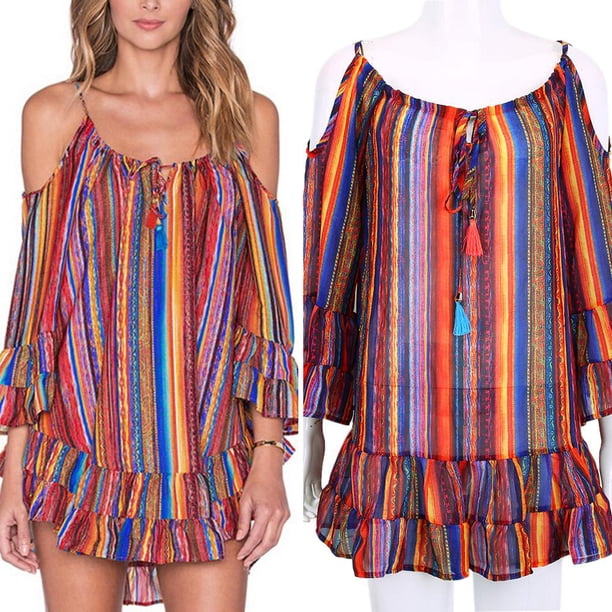 Verano Arco Iris Impreso Seaside Resort Playa Suelto Gasa Correa Vestido L Likrtyny Mujer