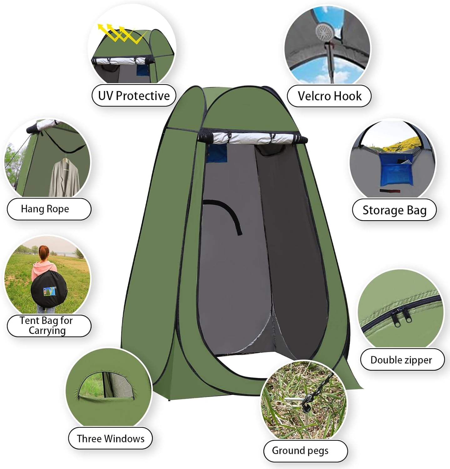 GVDV Portable Pop up Privacy Tent, Outdoor Camping Bathroom Toilet Shower Tent with Carrying Bag, Green