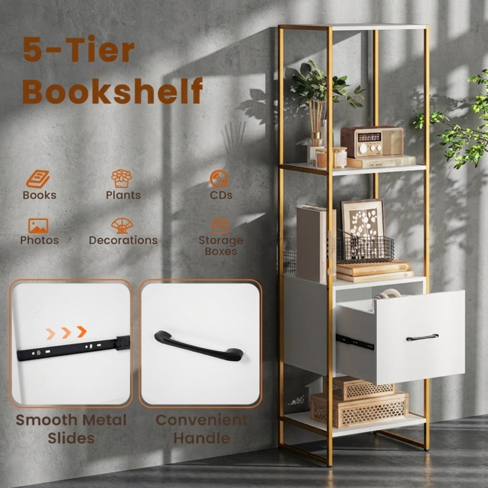 Furnibear 5-Tier Narrow Bookcase with 4 Open Shelves and Storage Drawer for Living Room Home Office Bedroom Display Storage Shelf, White