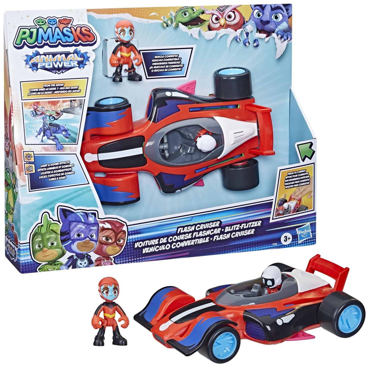 PJ Masks Animal Power Flash Cruiser Preschool Toy, Converting Car with Lights and Sounds, Vehicle and Action Figure for Kids Ages 3 and Up