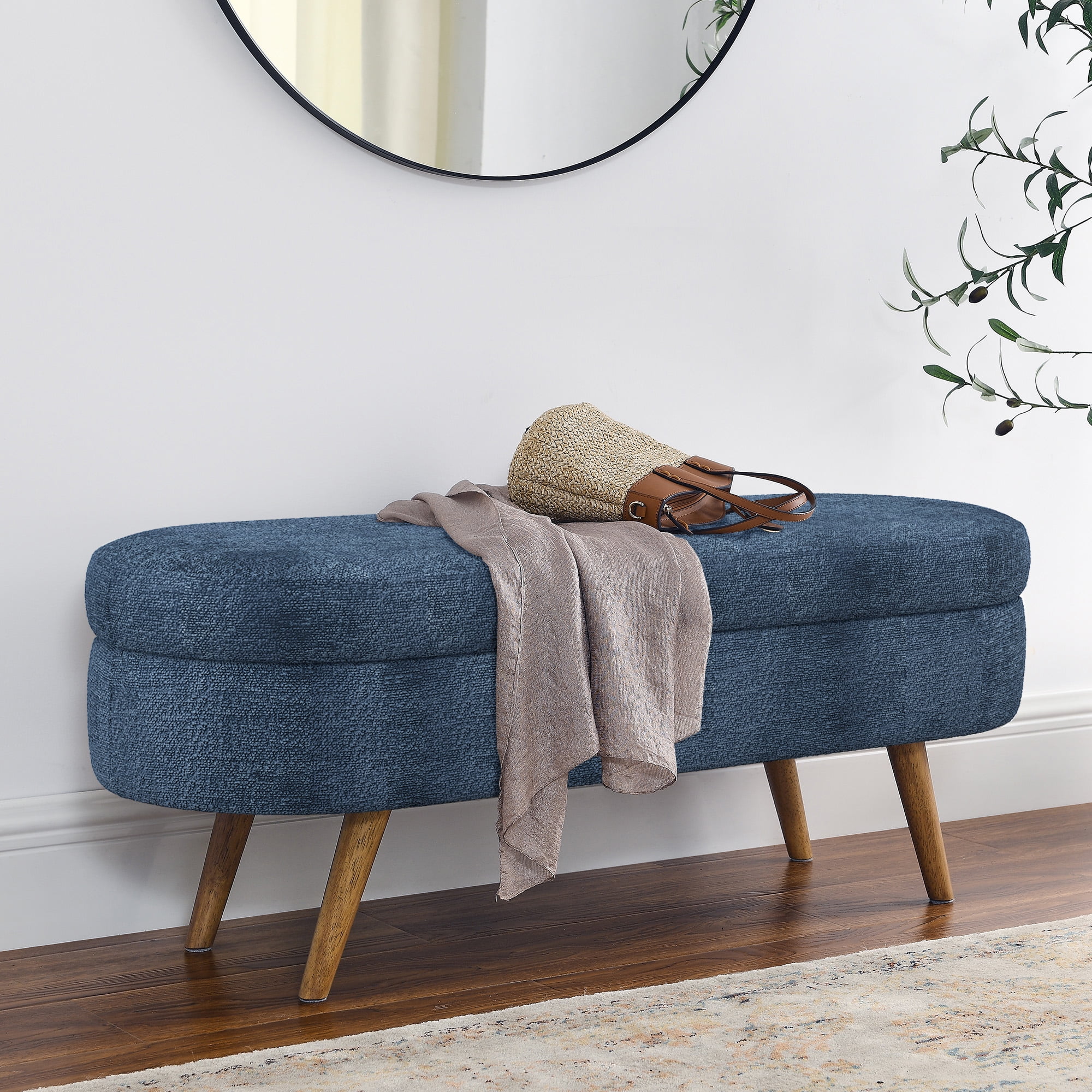 Gewnee Storage Ottoman Solid Rubberwood Legs Footstool Seat, Soft Cushion, with Storage Function, 26lbs, Suitable for Any Room（Dark Blue）