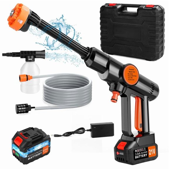 Cordless Battery Powered Pressure Washer, 652PSI 1.3GPM with 21V 3.0Ah Rechargeable Battery, 6-in-1 Nozzle, 16.5FT Drain Hose, Portable Electric Power Washer for Car Floor Fence Garden