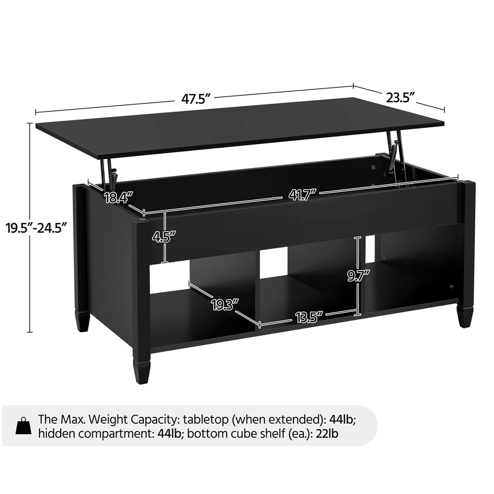 Alden Design 47.5 inch Wooden Lift Top Coffee Table with 3 Storage Compartments, Black