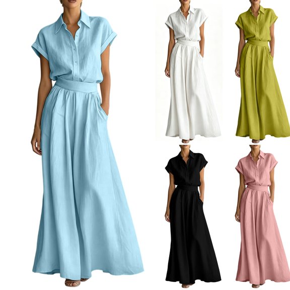 Womens Casual Two Piece Outfit Short Sleeve Collared Shirt High Waist Wide Leg Pants with Pockets Solid Color Loungewear Set Sky Blue XL(XL)