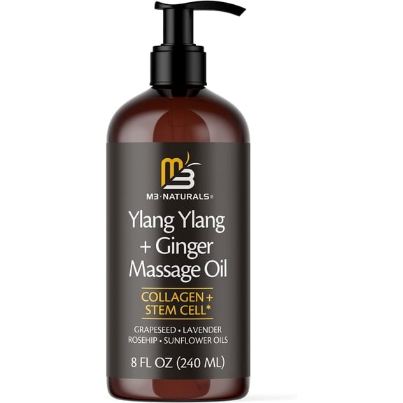 M3 Naturals Ylang Ylang and Ginger Massage Oil with Collagen and Stem Cell, 8 fl oz