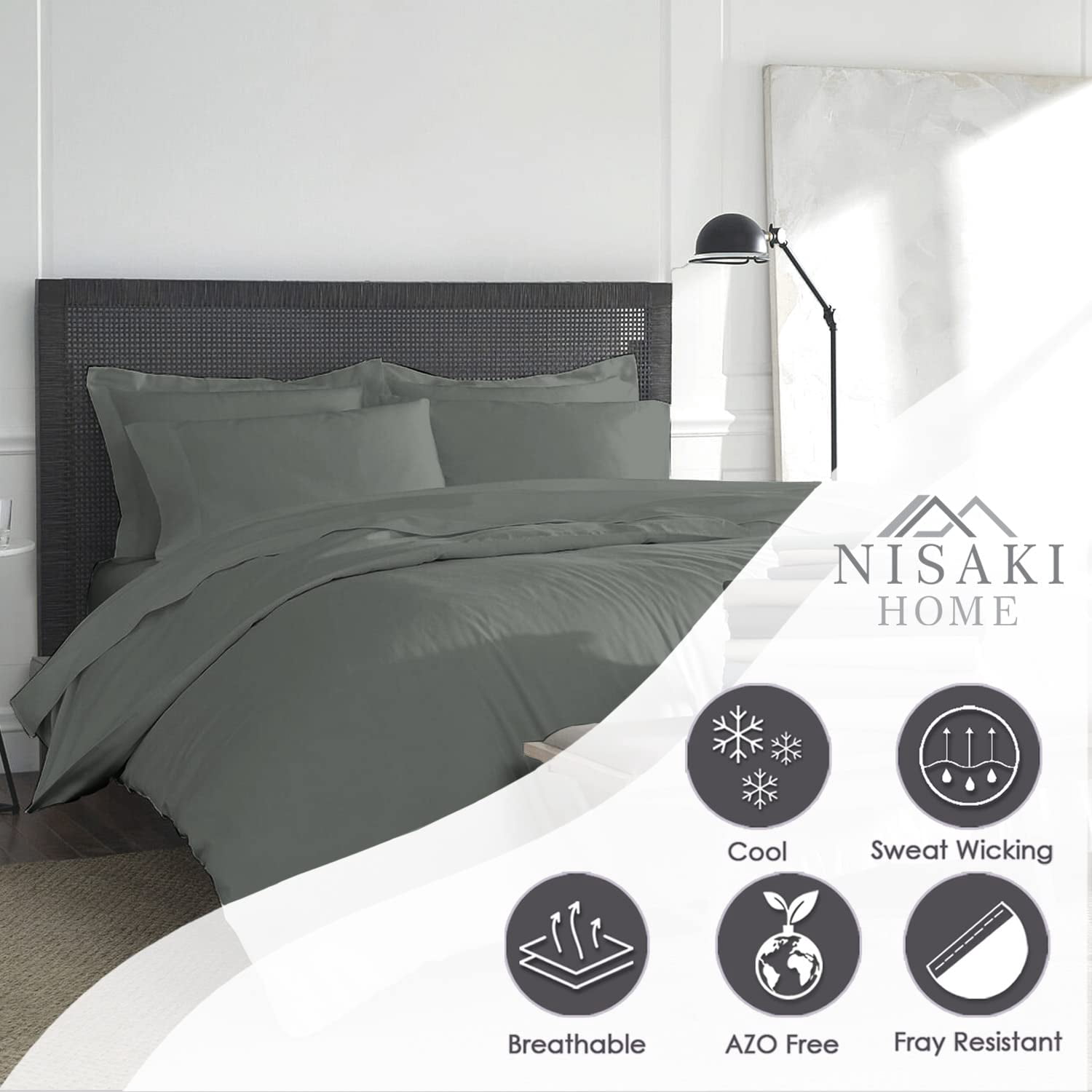 Nisaki Cotton Queen Duvet Cover Dark Grey, 100% Long Staple Combed Cotton Comforter Cover Queen Size with Hidden Button Closure (Queen Quilt Bedding Set)