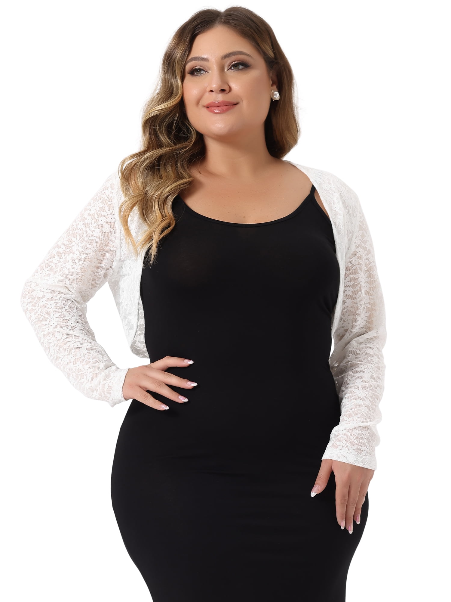 Unique Bargains Women Plus Size Sheer Open Front Cropped Long Sleeve Lace Cardigan 1X White