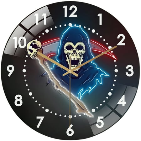Decorative Clocks: Grim Reaper Skeleton Glass Wall Clock,Skeleton Pop Art Decor Wall Clock for Grim Reaper Skeleton Horror, & Hallo-ween Wall Decor, Reaper Gift.homes, Bars, Offices, Man Caves, Gara