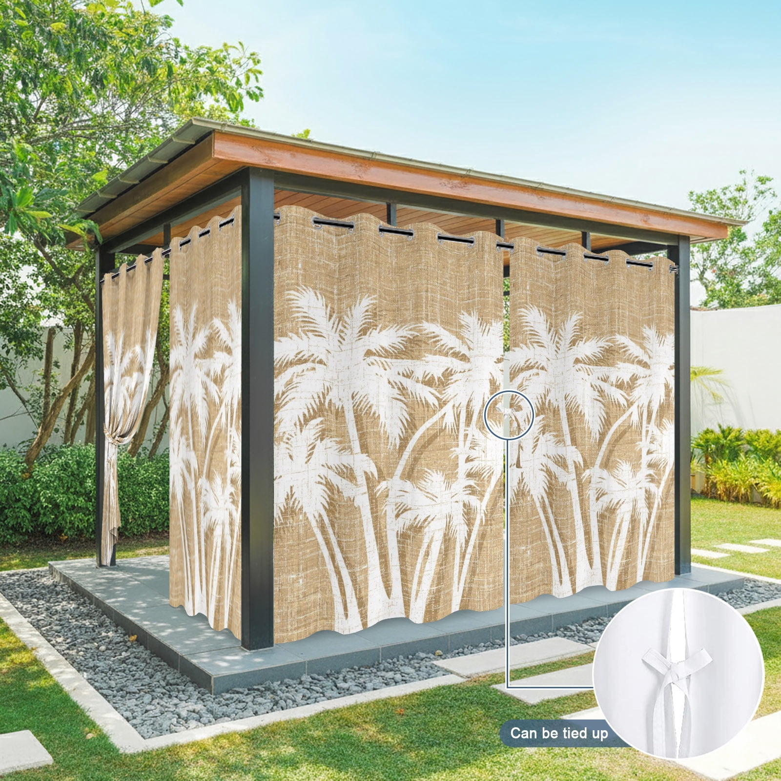 Palm Tree Outdoor Curtains for Patio, Tropical Plant Coastal Summer Khaki Sunshade Privacy Drapes Grommet Waterproof Outside Curtains for Porch/Cabana/Balcony 54"x 108", 1 Panel