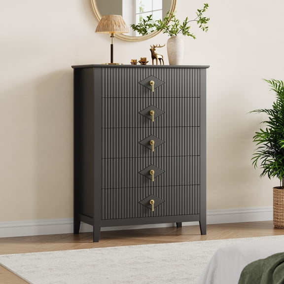 Fluted Dresser for Bedroom, 42.9" Tall 5-Drawer Wood Dresser, Modern Chest of Drawers, Storage Organizer Cabinet for Living Room, Hallway, Entryway, Black