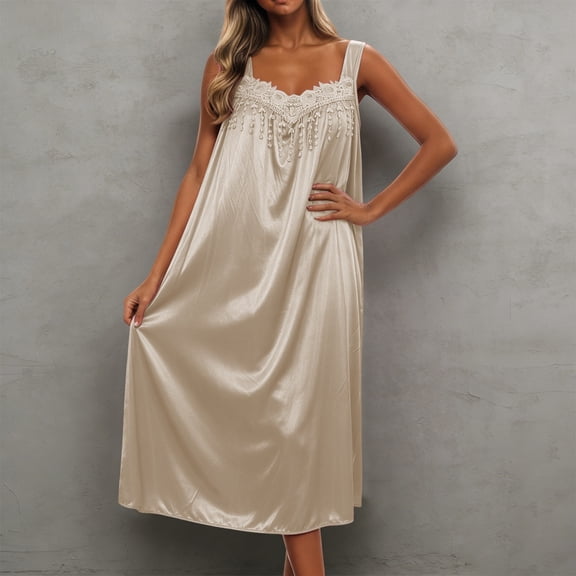 Women's Sleeveless Ice Silk Nightgown Loose Plus Size Sleep Dress Lace Trim Breathable Cooling Summer Nightshirt Lightweight Casual Lounge Homewear Comfortable for Women