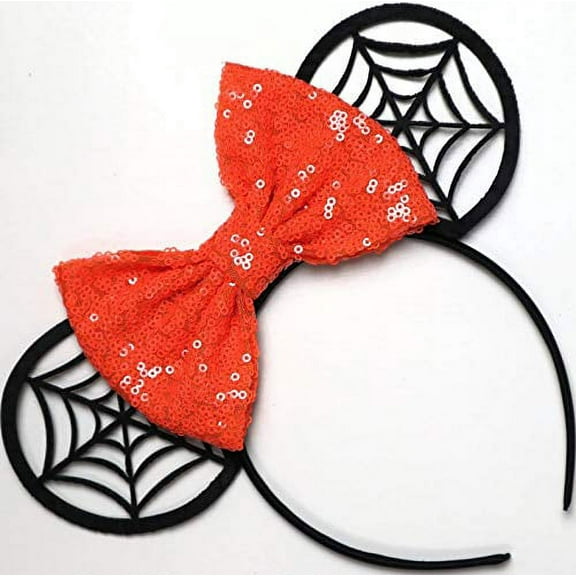 CLGIFT Halloween Minnie Mouse Sequin Ears Orange Mickey Mouse Sequin Halloween Ears Orange Mickey Ears, Rainbow Sparkle Mouse Ears,Classic Red Sequin Minnie Ears (orange black web)