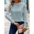 thumbnail image 6 of Women'S Solid Color Long Sleeve Embroidered Lace Stitching Waffle Round Neck Top Lake Blue XL, 6 of 8