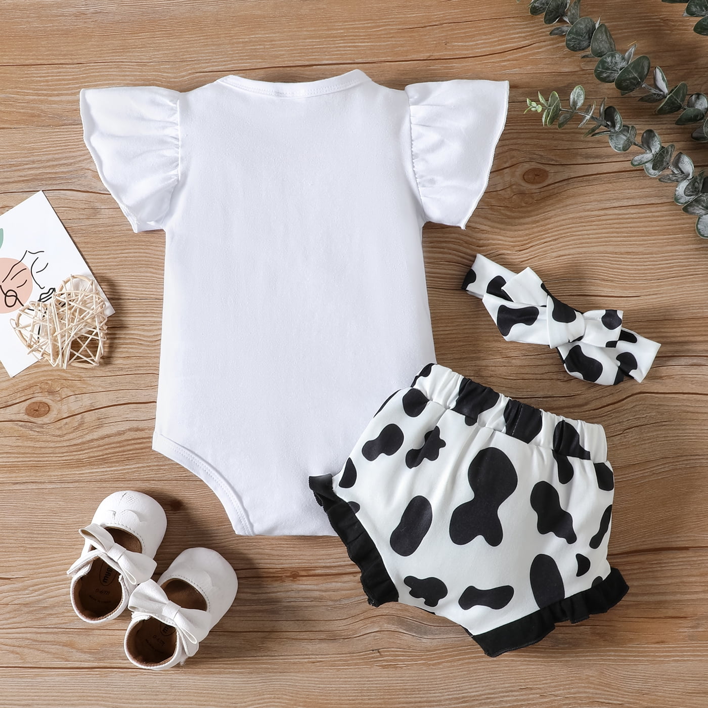 Crepe 3pcs Pompon Decor Flounced Collar Flutter-sleeve Baby Set
