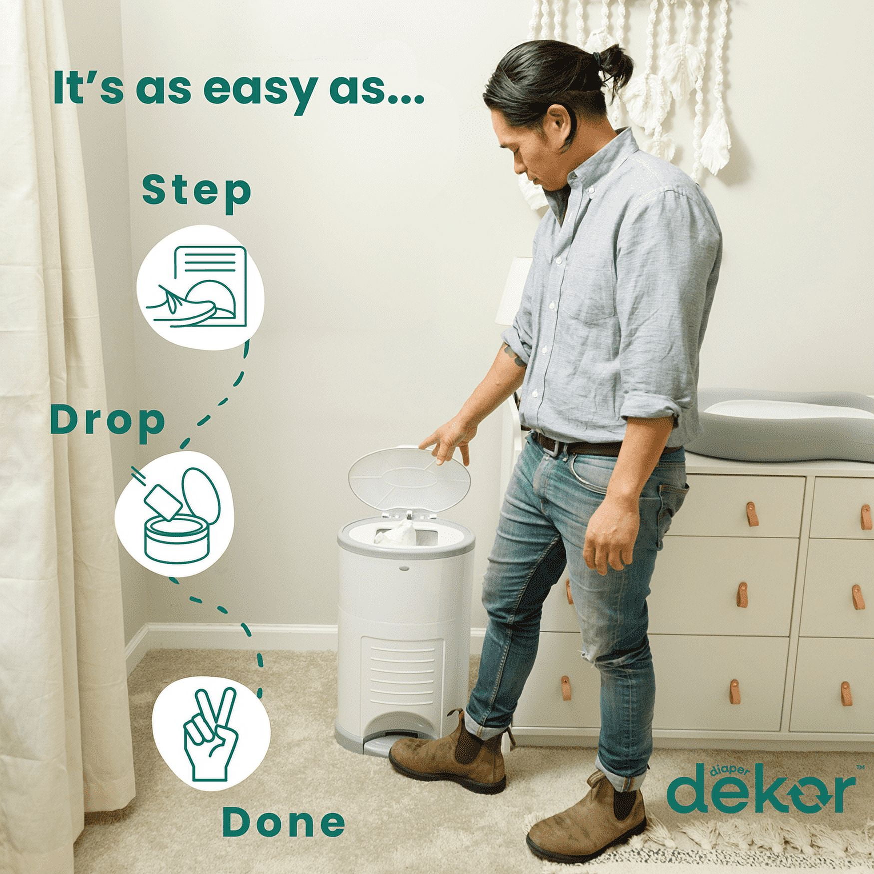 Dekor Eko Classic Diaper Pail Made with 70% Recycled Materials, Hands-Free: Step–Drop–Done | Cost-Effective Refill System | White
