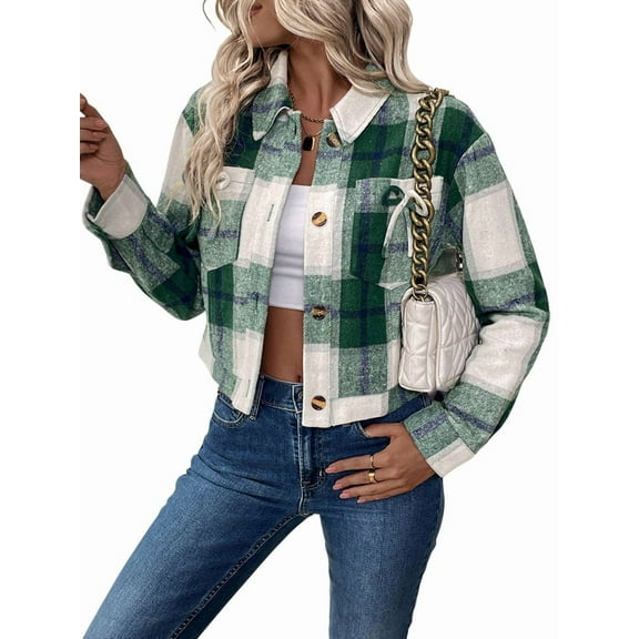 Women Cropped Shacket Jacket Fashion Plaid Button Down Shirt 2025 Fall Coat Tops Green S