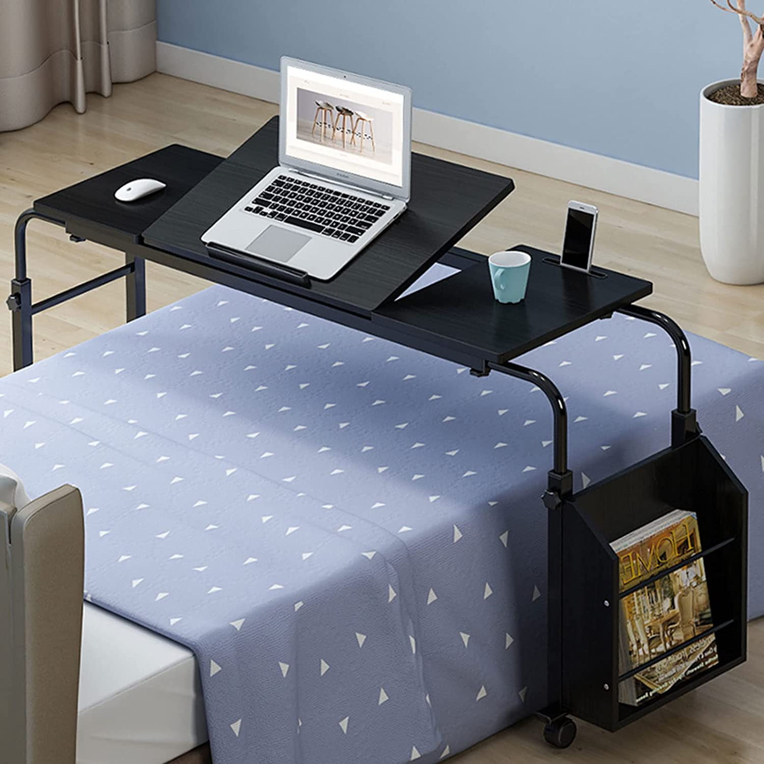 Rolling Laptop Desk Cart Cross over Bed Computer Table Stand Adjustable