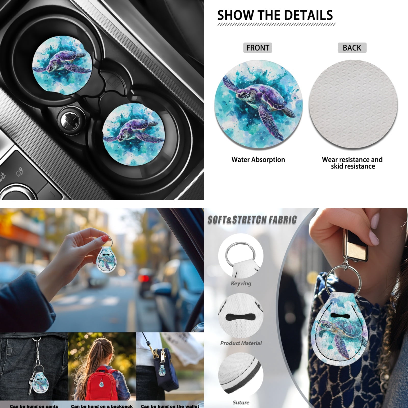 Yuyamidu Watercolor Sea Turtle Car Seat Cover Split Covers Blue Steering Wheel Cover Seatbelt Pads Auto Armrest Cover Key Ring Coasters Auto Decor Set of 13