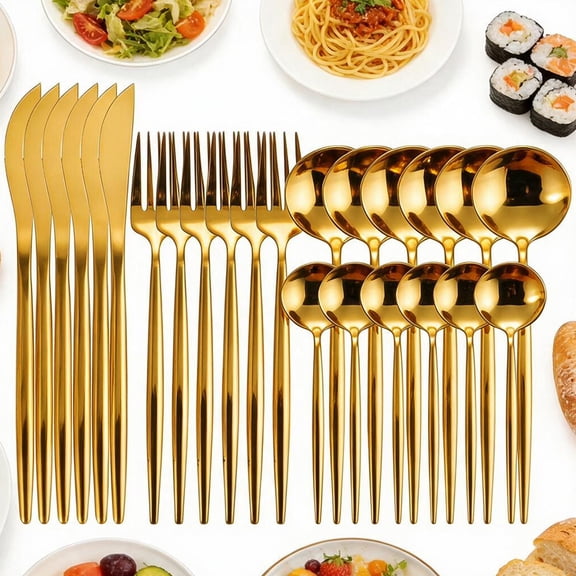 MYVIT Gold Silverware Set of 6,24-Piece Stainless Steel Gold Forks and Spoons Kitchen Accessory Serving Utensils Flatware Cutlery Set