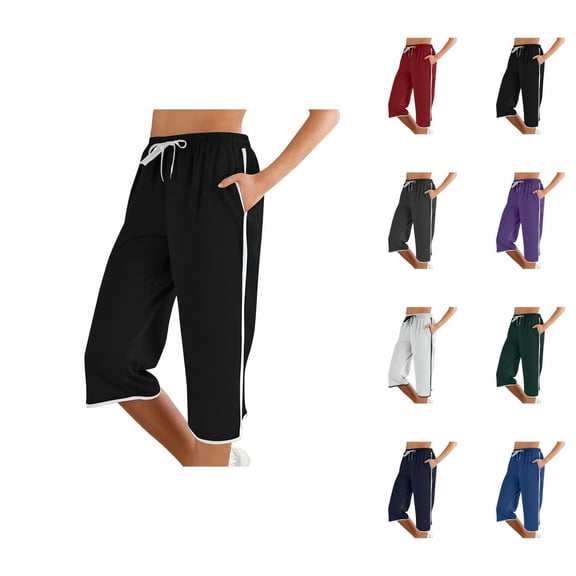 Capri Pants for Women Spring Summer Elastic Mid Waist Straight Leg Capri Sweatpants Capris with Pockets