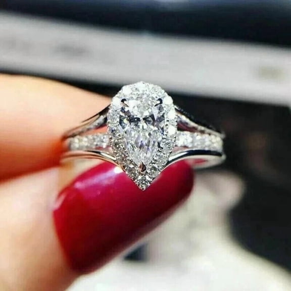 14K White Gold Plated 2Ct pear Cut Lab-Created Diamond Women Wedding Ring