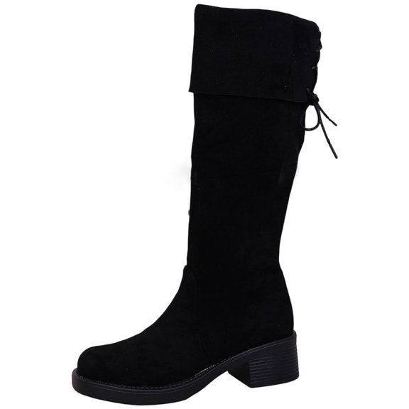 K-142 Black Ladies Fashion Casual Versatile Round Toe Block Heel Knee High Boots Fall Winter Style Comfortable Slouchy Footwear