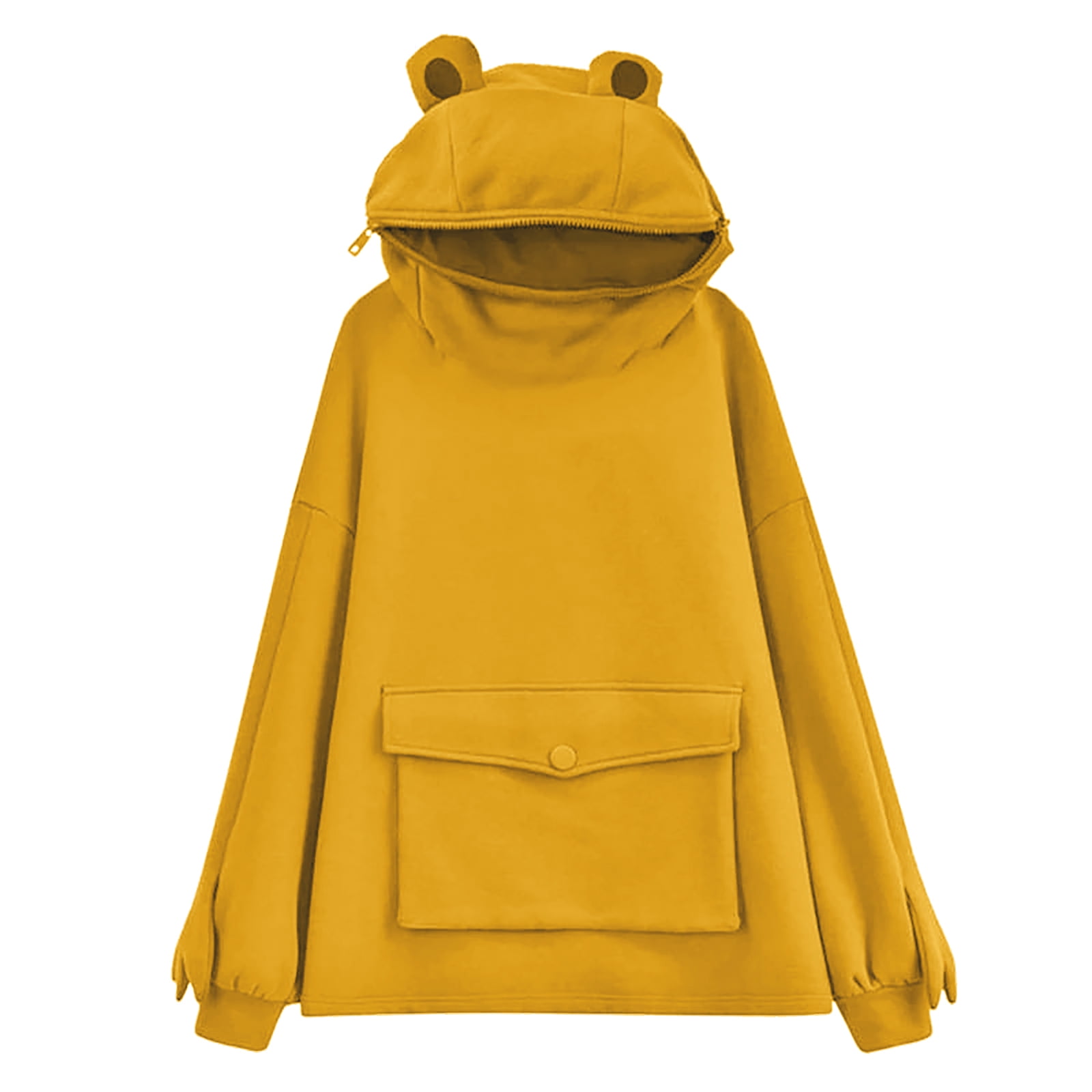 Womens Comfortable Solid Color Hoodies Kawaii Frog Sweatshirt Pullover Cute Tops Long Sleeve