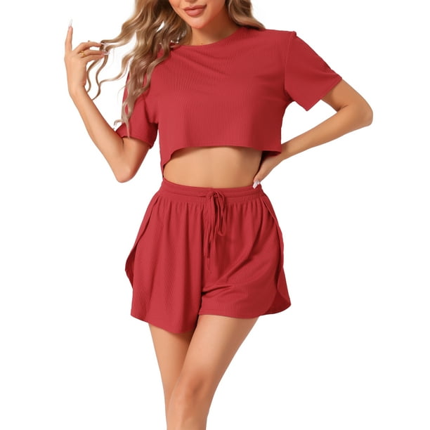 Conjuntos de Pijama Cortos para Mujeres INSPIRE CHIC con Mangas Cortas, Tejido Acanalado, Pantalones Cortos con Aberturas Laterales, Conjuntos de Lounge de 2 Piezas XS Rojo