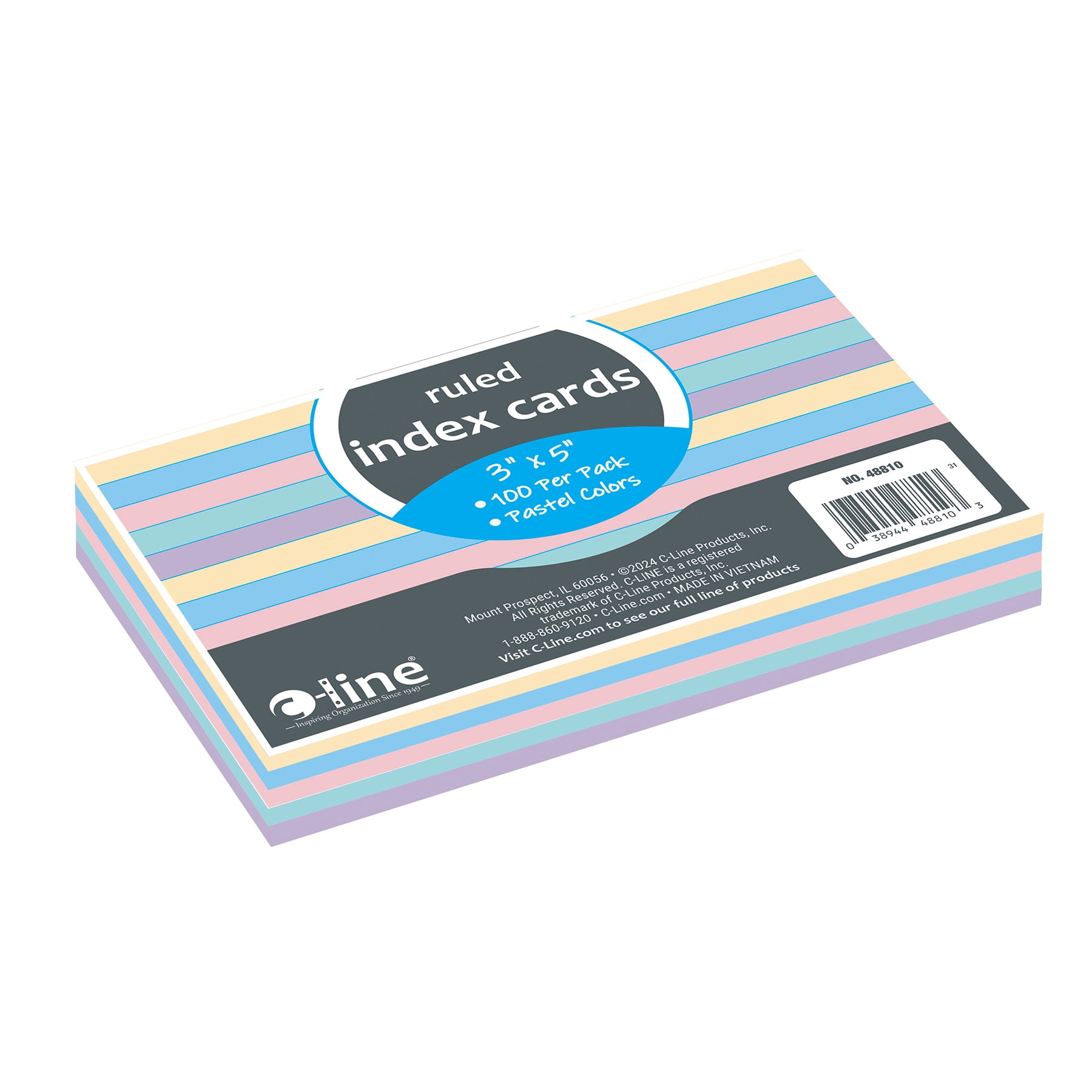 C-Line Index Cards, 3" x 5", Assorted Colors, Ruled, 100 Per Pack, 10 Packs