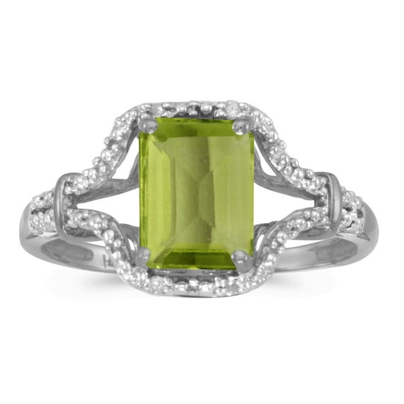 10k White Gold Emerald-cut Peridot And Diamond Ring