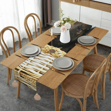 

Little German Shepherd Dog Printed Table Runner Imitation Linen Table Runner With Khaki Tassels For Party And Dining Room 14 x 60