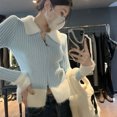 thumbnail image 2 of Cárdigan de retazos con cuello vuelto de Rimocy para mujer, cárdigans de moda coreana con cremallera, jerséis ajustados de manga larga elegantes para mujer, 2 of 6