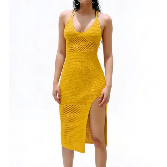 Efsteb Womens Dress Casual Elegant Fashion Halter Knitted Spaghetti Strap Hollow-Out Dress Dresses Sleeveless Dress V-Neck Solid Color ,Size:S