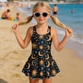 thumbnail image 3 of COEQINE Girls One Piece Swimsuit with Attached Liner, Scoop Neck V-Back Swim Dress for Swim Lessons, Polyester Spandex Bathing Suit for Girls 3-4 Year Olds, Gold Blue Sun Moon Star, 3 of 8