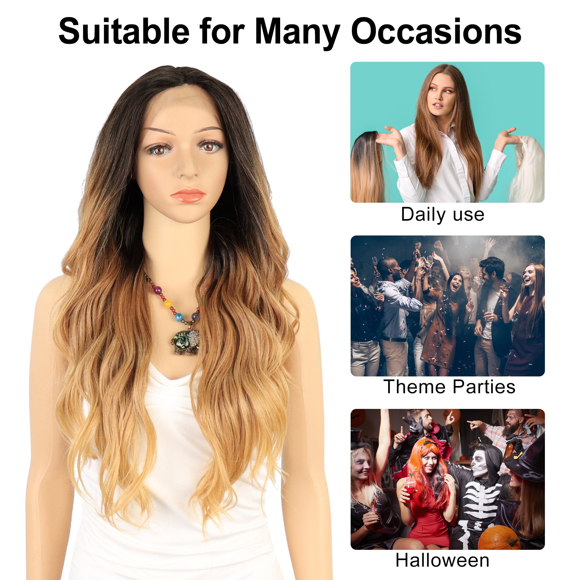 Unique Bargains Lace Front Wigs Long Body Wave for Women Lady Gradient Brown