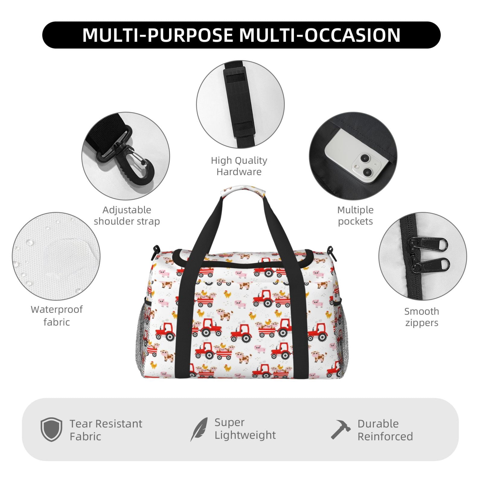 Fuzoiu Tractor With Farm Animals Print Travel Duffle Bag,Carry On Tote Bags,Duffel Bag,Sport Gym Bag, Hospital Bag for Labor and Delivery, Overnight Bag,Luggage Bag