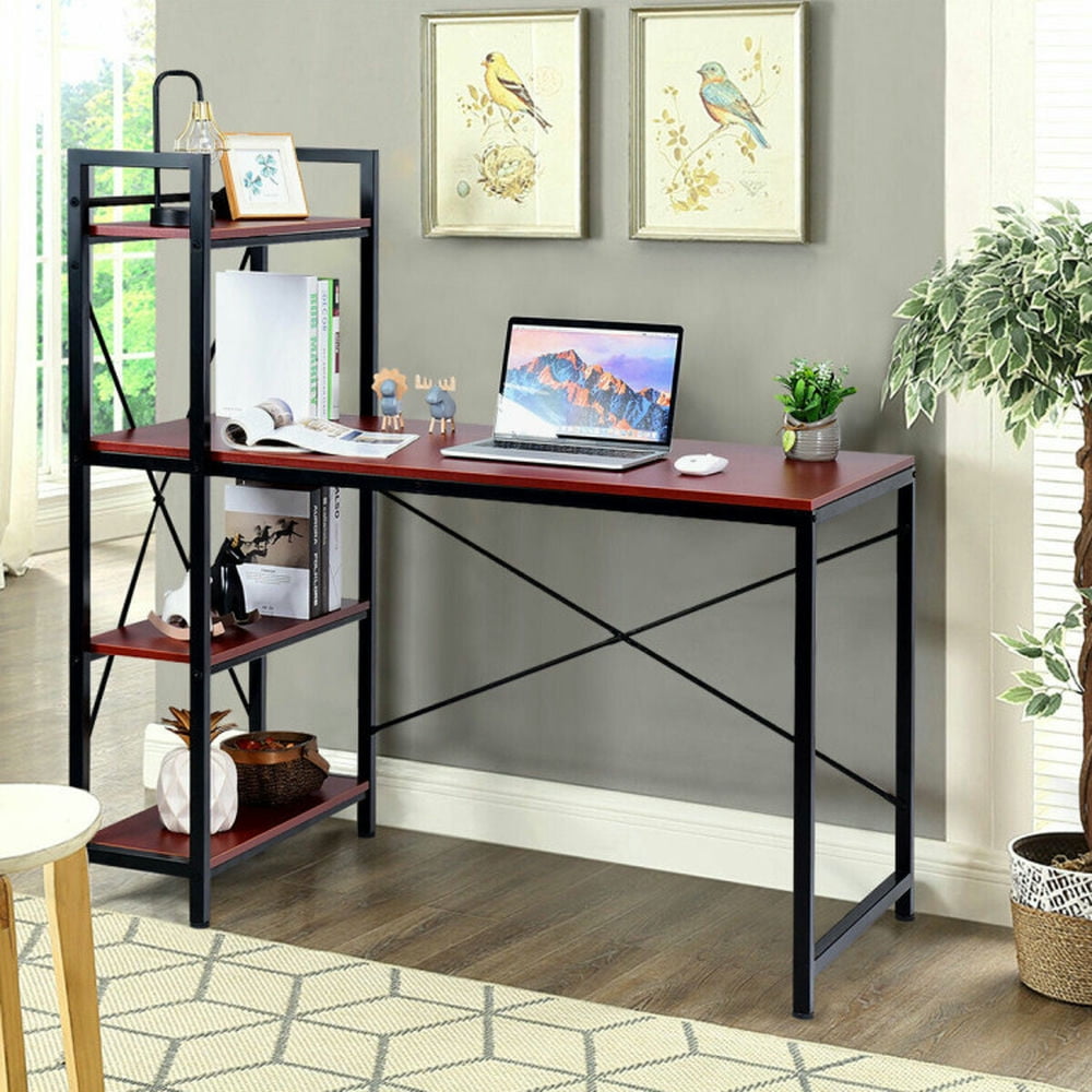 Demi Bonn 47.5" Writing Study Table Computer Desk with 4-Tier Shelves, Small Home Office Desk, Rustic Brown