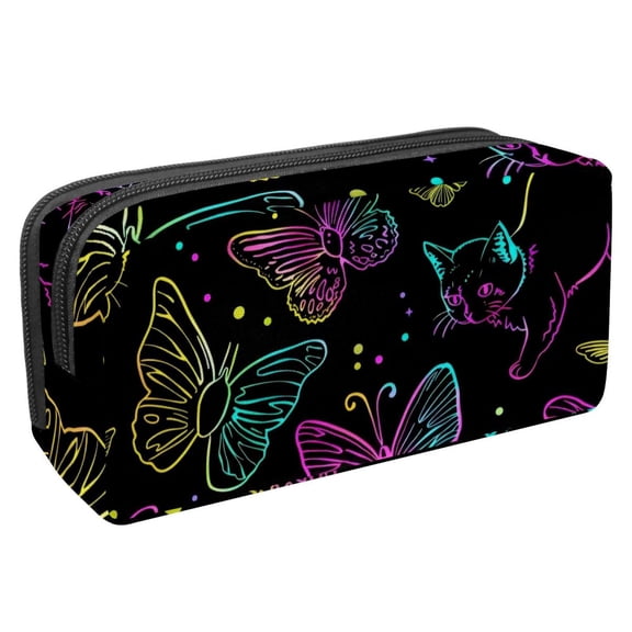 PhooArto Pencil Case, Neon Cats Butterflies Pattern Large Capacity Pencil Pouch Stationery Pen Bag