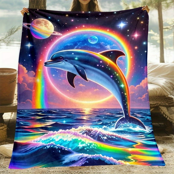 Cozy Dolphin Print Flannel Throw Blanket - Soft, Lightweight & Warm for Couch, Bed, Travel & Camping - Durable Polyester, All-Season Comfort - Perfect Gift for Family & Friends