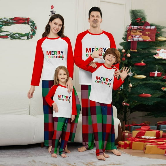 Onlypjs Family Matching Christmas Pajamas – Red Sleeve "Merry Christmas" Holiday Sleepwear Sets for Women, Men