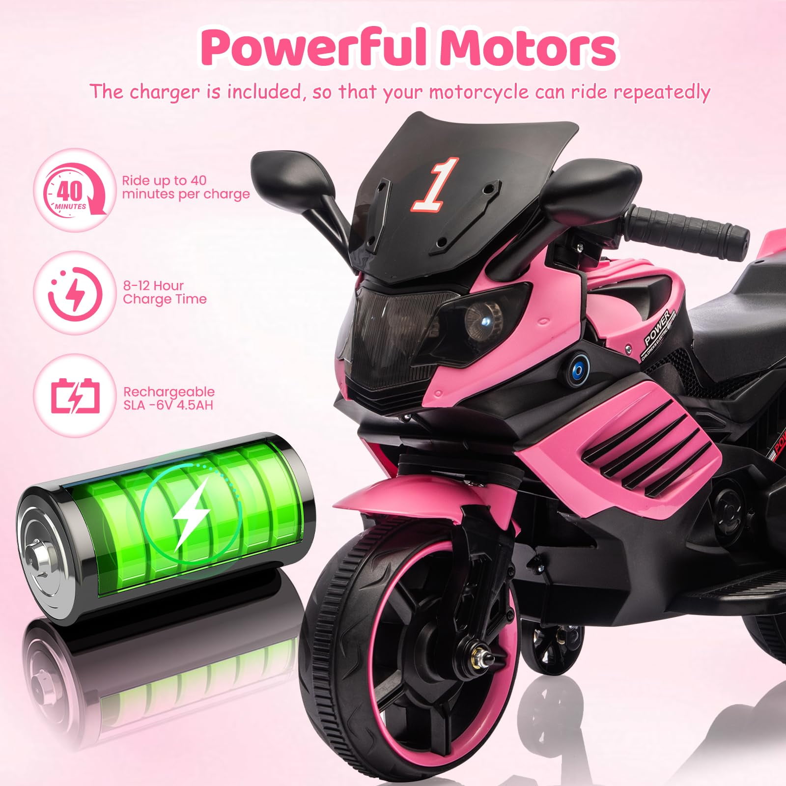 Roromall 6V Ride On Motorcycle, Battery Powered Ride On Toys w/Treaded Tires, Working Headlight, Horn, Music, Training Wheels, Stable Electric Motorcycle