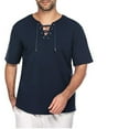 thumbnail image 4 of Camisa de playa holgada de cuello en V y manga corta con cordón para hombre - Tejido de lino, estilo retro informal, yoga/deporte, 4 of 7