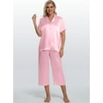 thumbnail image 3 of DAKIMOE Silk Satin Pajama Set for Women Capri Pajamas Short Sleeve Button Down Two Piece Pjs Sleepwear Soft Loungewear Nightwear, 3 of 8