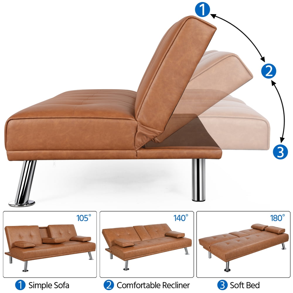 Renwick LuxuryGoods Modern Faux Leather Futon with Cupholders and Pillows, Brown  (图4)