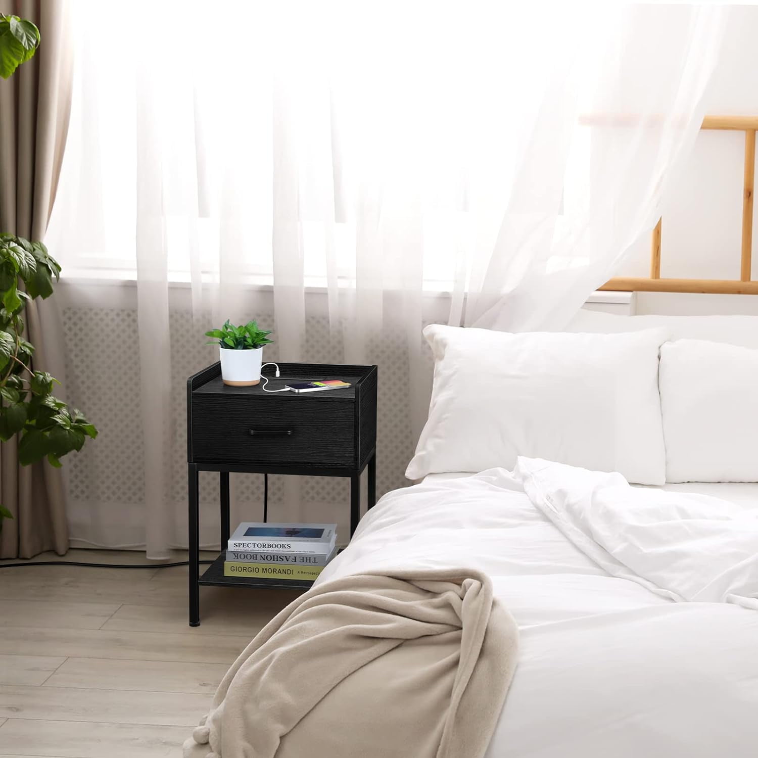 Oumilen Modern Nightstand with Charging Station, Black